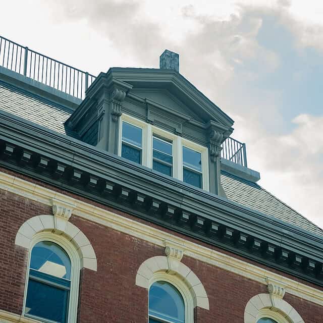 Aluminum windows in a brick building